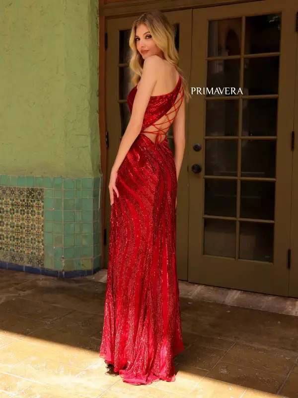 Primavera Couture 4152 Size 8 Platinum Asymmetrical Back Lace Up Fitted High Slit Sequin Beaded Formal Pageant Gown - Image 13