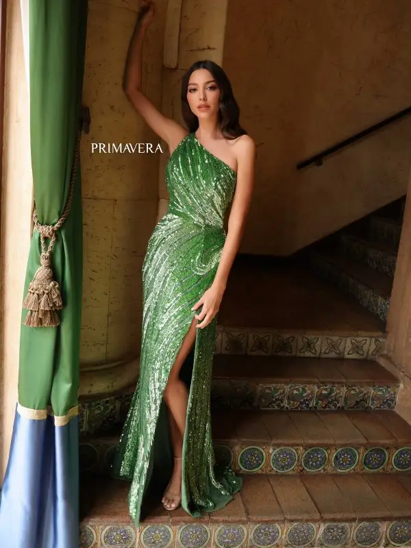 Primavera Couture 4152 Size 8 Platinum Asymmetrical Back Lace Up Fitted High Slit Sequin Beaded Formal Pageant Gown - Image 14