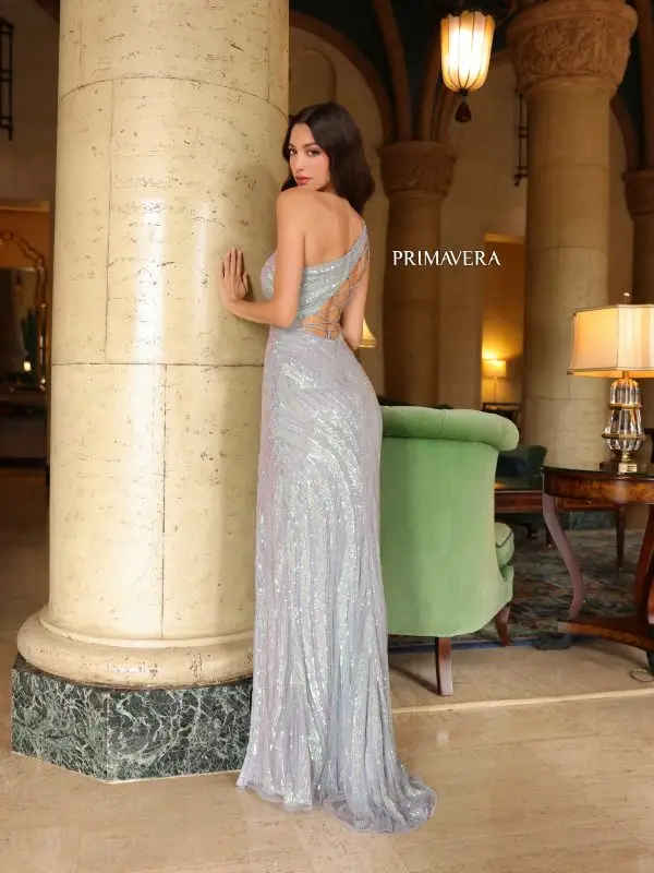 Primavera Couture 4152 Size 8 Platinum Asymmetrical Back Lace Up Fitted High Slit Sequin Beaded Formal Pageant Gown - Image 2