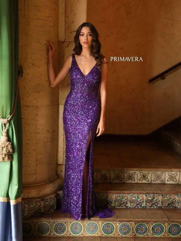 Primavera Couture 4153 Long Prom Dress V Neck Fitted High Slit Open Back Sequin Formal Pageant Gown - Image 2