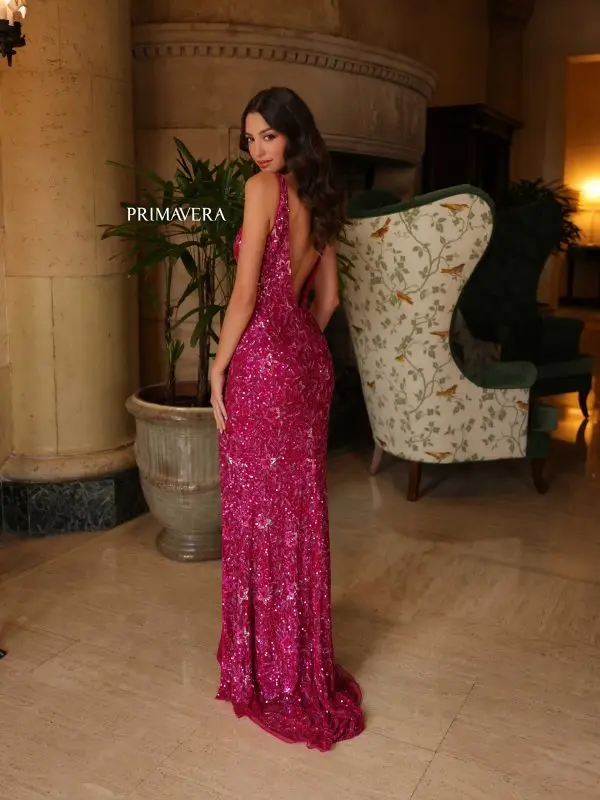 Primavera Couture 4153 Long Prom Dress V Neck Fitted High Slit Open Back Sequin Formal Pageant Gown - Image 8