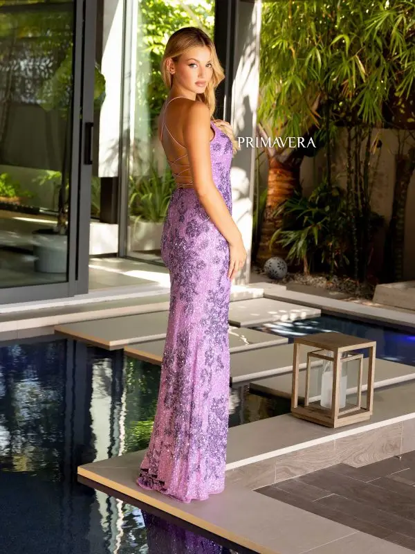 Primavera Couture 4168 Long Prom Dress Fitted Sequin Beaded Lace Up Back High Slit Formal Pageant Gown - Image 4