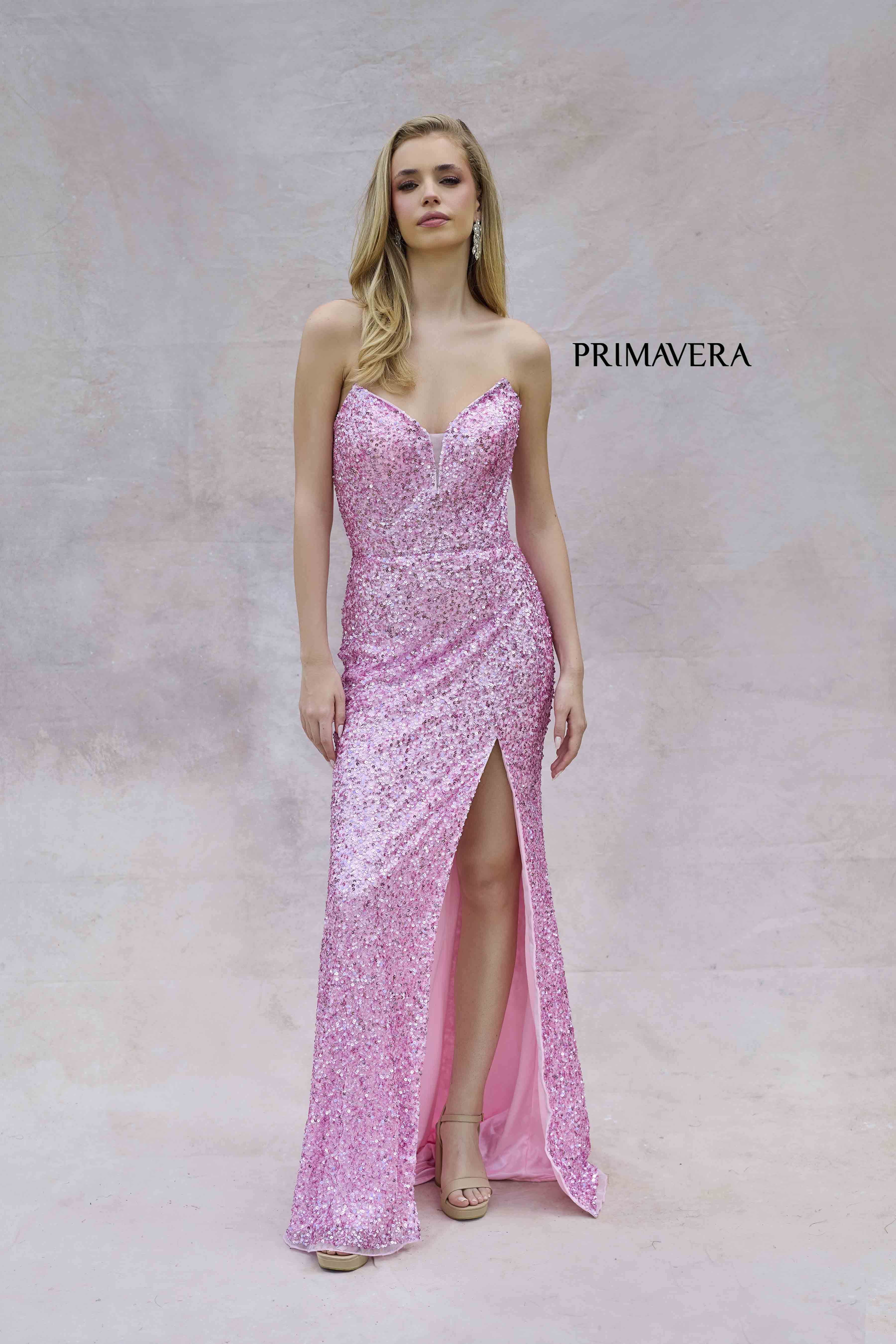 Primavera Couture 4192 Sequin Strapless Prom Dress Peak Point Pageant Gown Slit Formal - Image 15