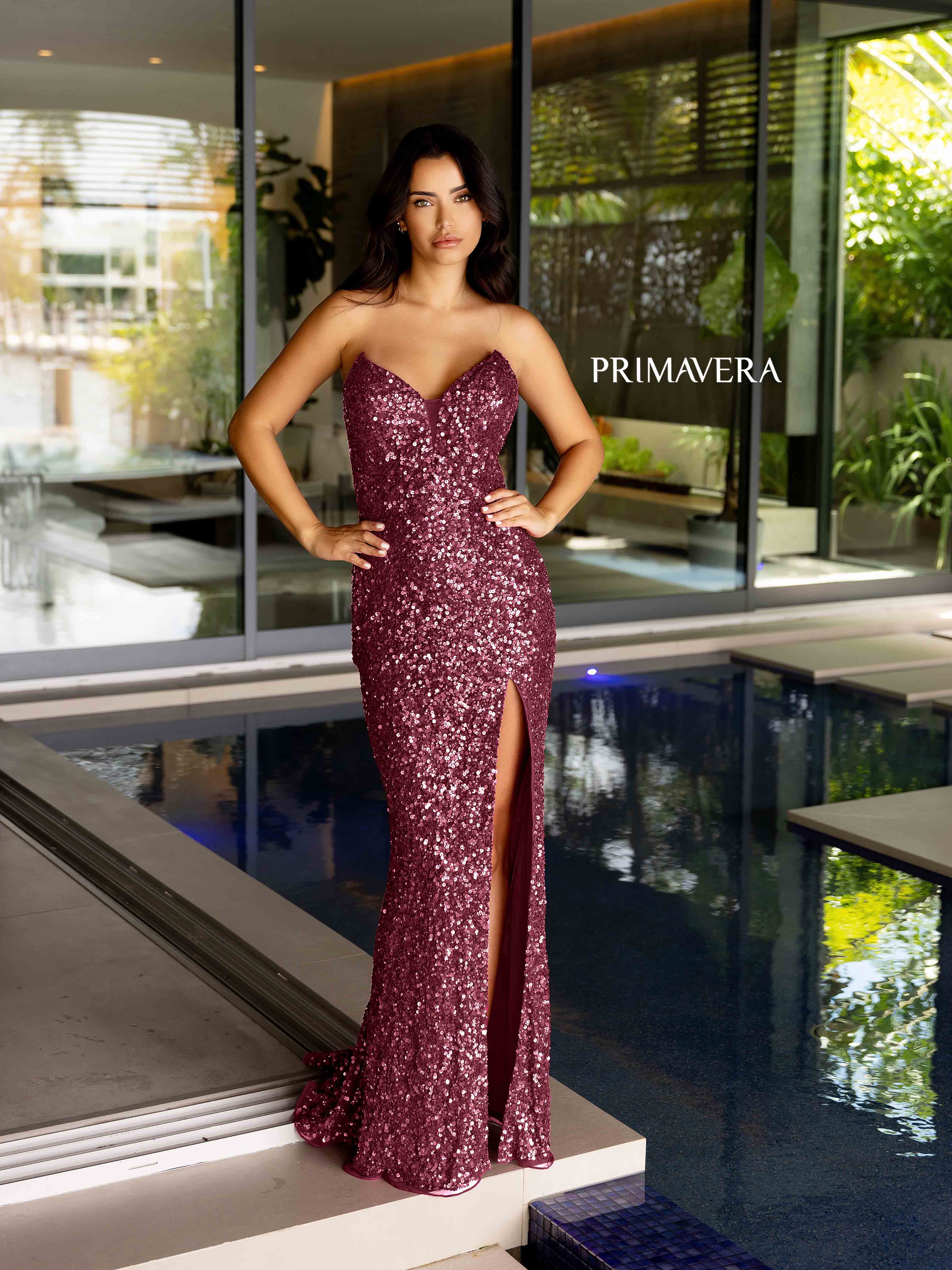Primavera Couture 4192 Sequin Strapless Prom Dress Peak Point Pageant Gown Slit Formal - Image 24
