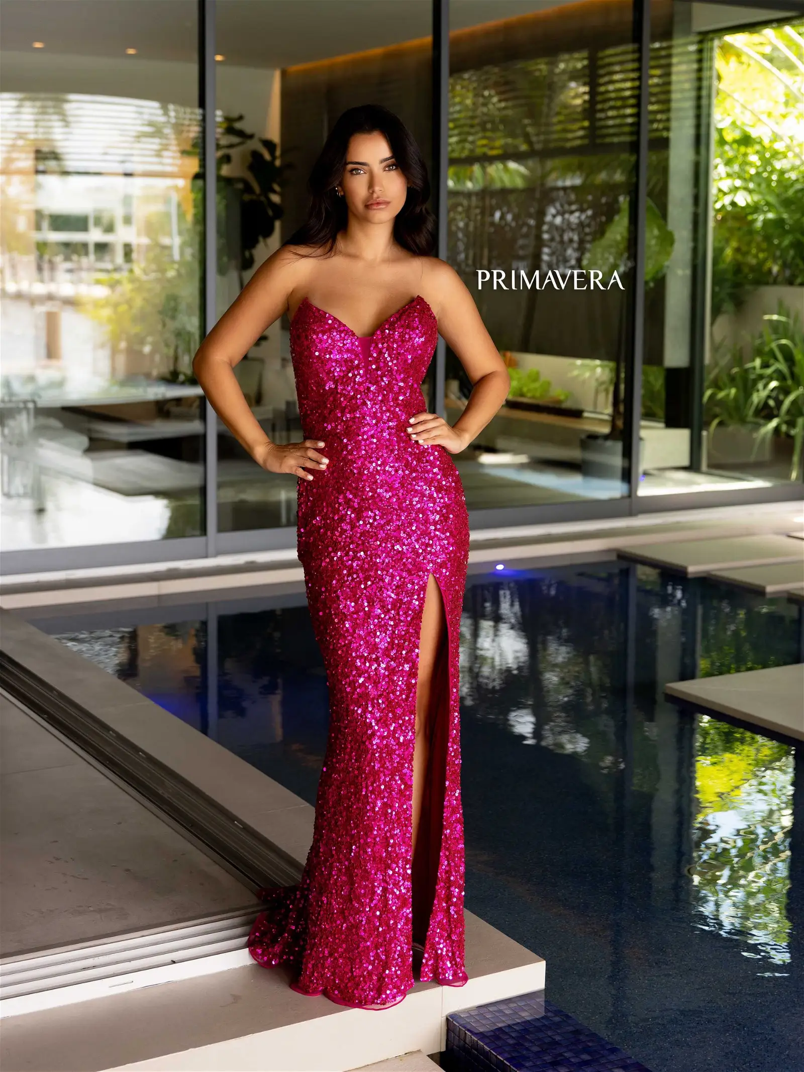 Primavera Couture 4192 Size 00,8,14 Fuchsia Prom Dress Strapless Peak Point Pageant Gown Slit Formal