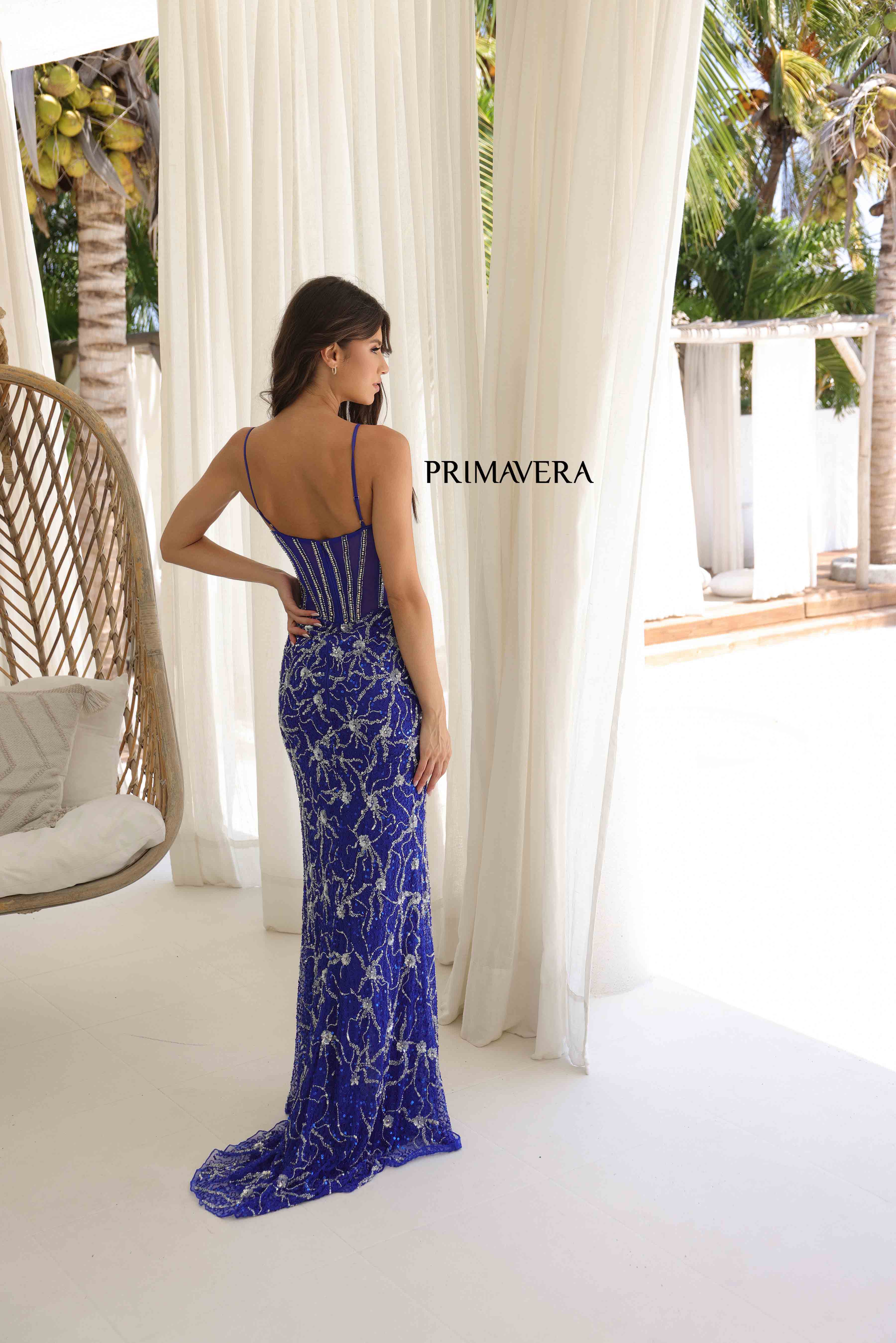 Primavera Couture 4307 Size 8 Royal Sheer Crystal Corset Prom Dress Sequin Beaded Slit Pageant Gown - Image 3