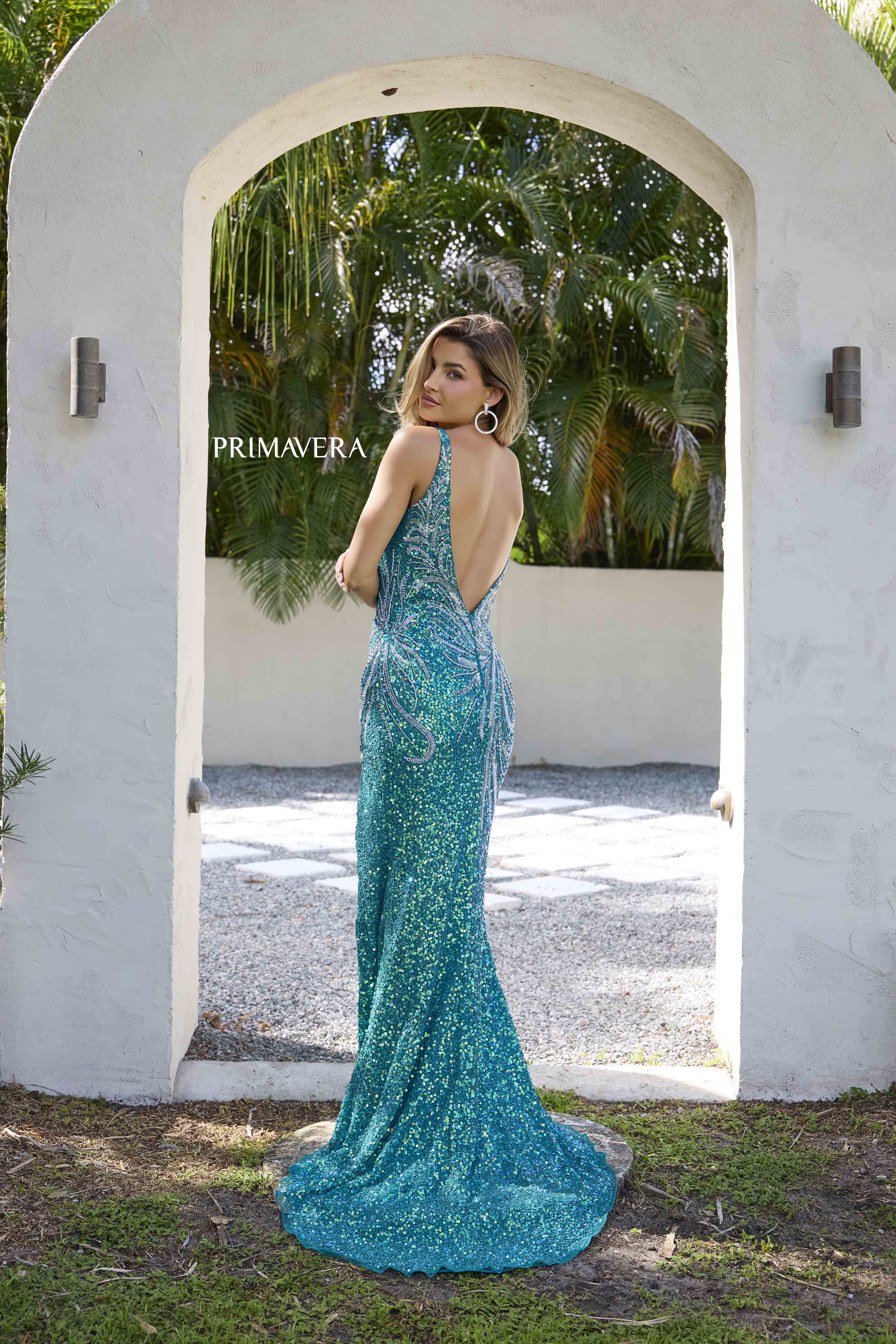Primavera Couture 4333 Sequin Beaded V Neck Prom Dress Slit Backless Formal Gown - Image 9