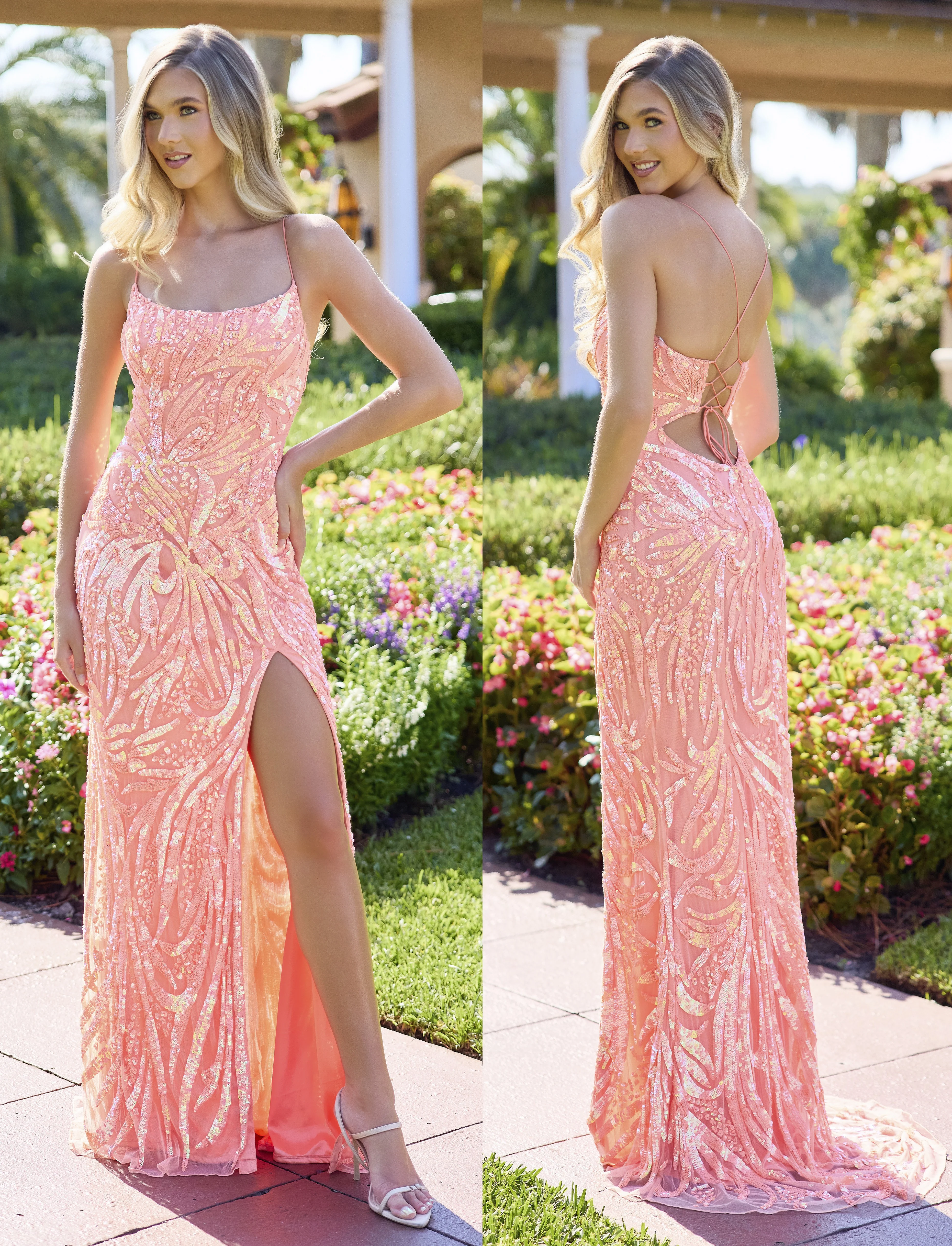 Primavera Couture 4362 Prom Dress Sequin Scoop Neck Corset Slit Cut Out Back Formal Gown - Image 33