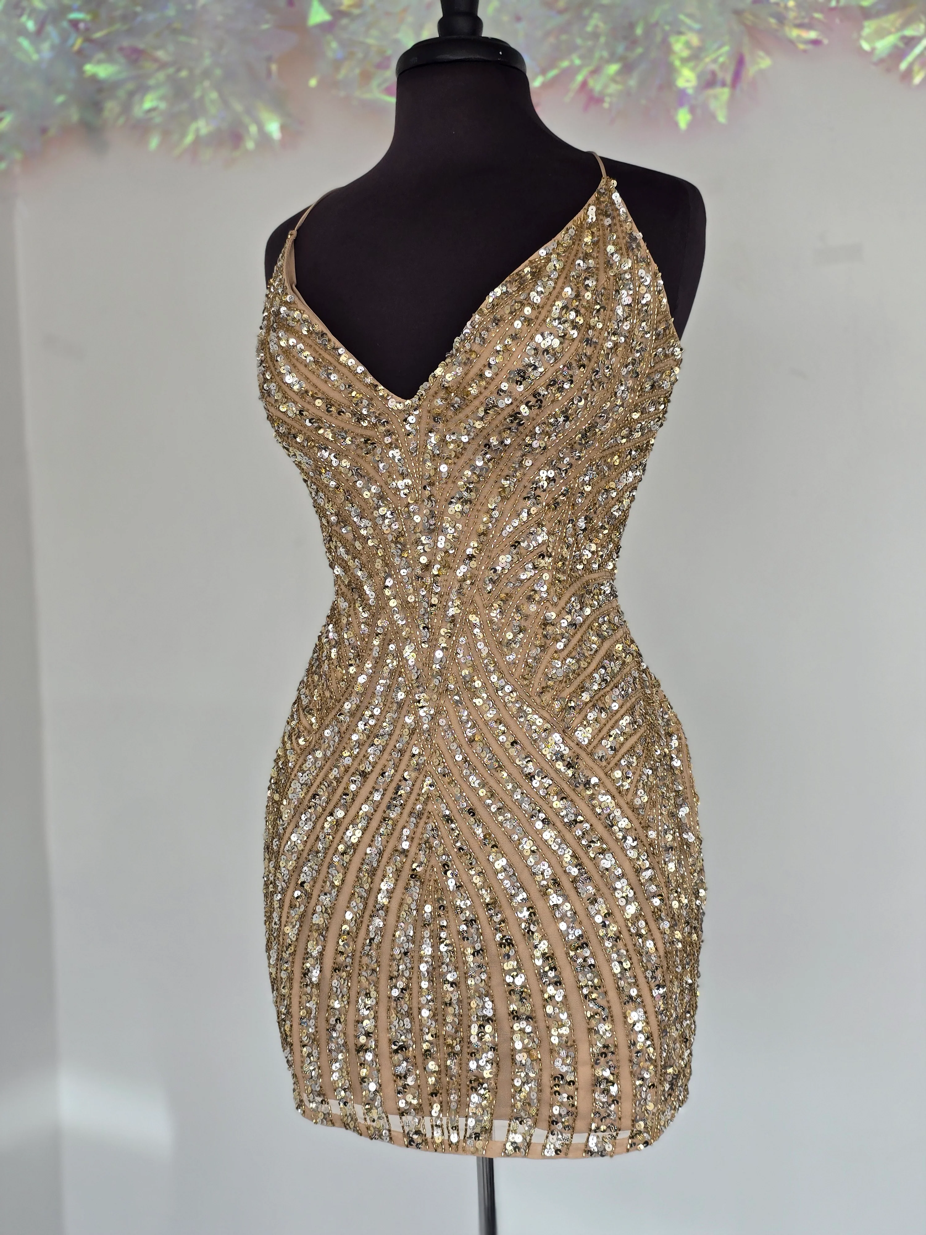Primavera Couture 4483 Size 12 Nude Gold Short Fitted Sequin Beaded Homecoming Dress Corset V neck Cocktail Gown