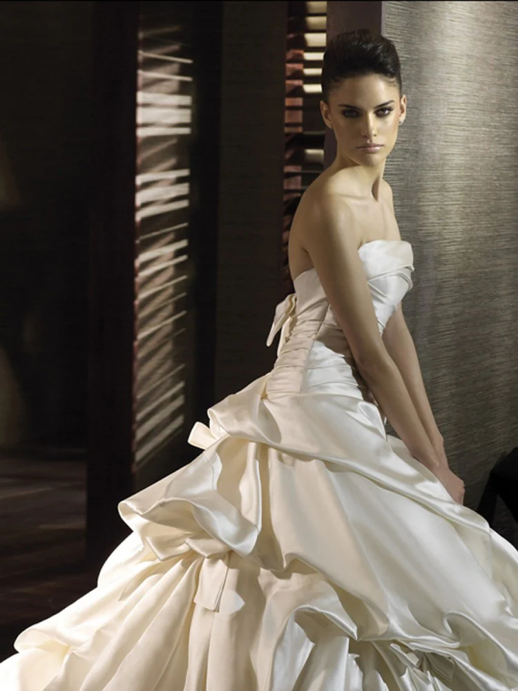 Pronovias Caolin Size 8 Satin Wedding Dress Ballgown Train Bows - Image 3