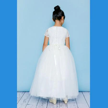 Rosebud Flower Girls Dress 5140 Long Tulle Dress Sheer Lace Short Sleeves - Image 2