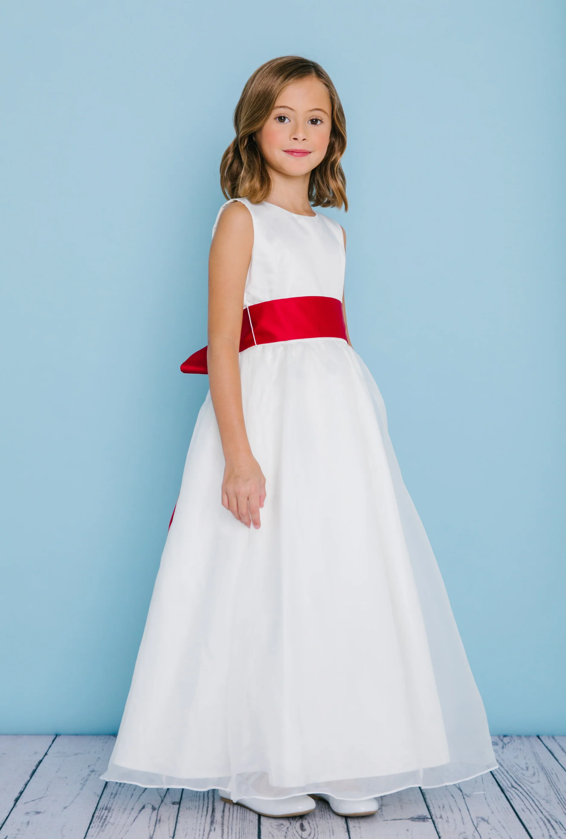 Rosebuds 5101 Long Flower Girl Dress Satin Sash High Neck A Line Buttons First Communion