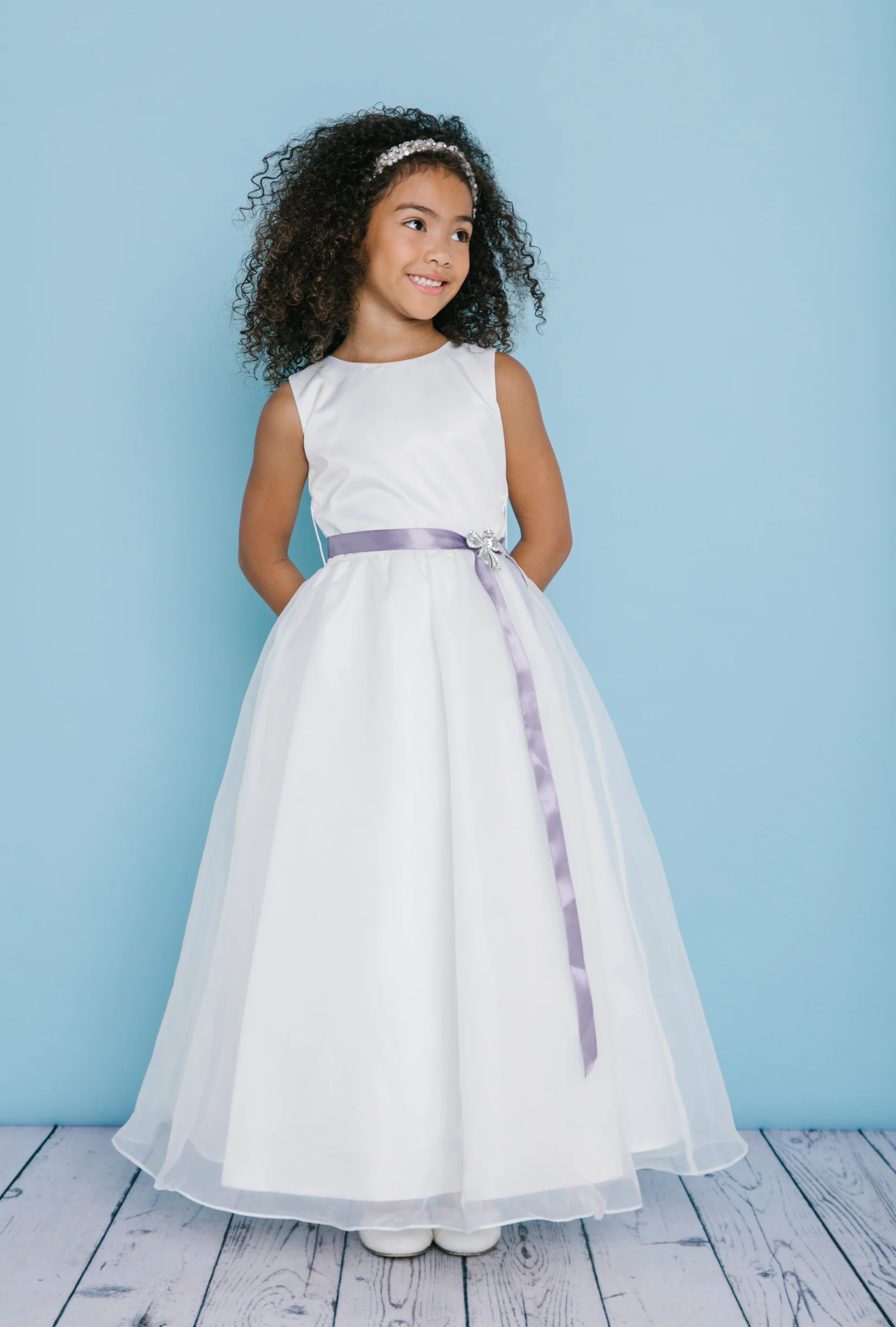 Rosebuds 5109 Long Flower Girl Dress First Communion Ribbon Broach sash A line