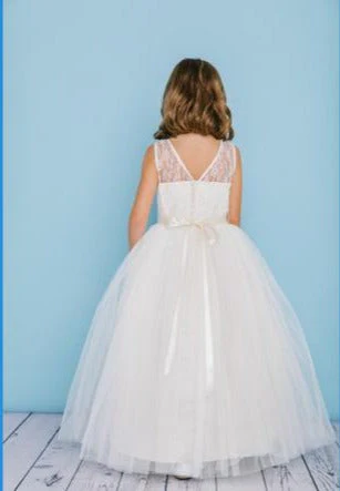 Rosebuds 5129 Size 10 Ivory Long Tulle Flower Girl Ballgown Dress Lace Bodice Belt - Image 2