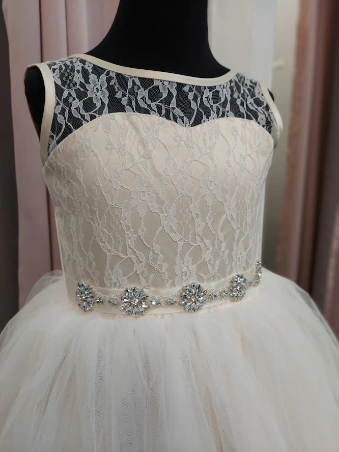 Rosebuds 5129 Size 6 Champagne Long Tulle Flower Girl Ballgown Dress Lace Bodice Belt - Image 3