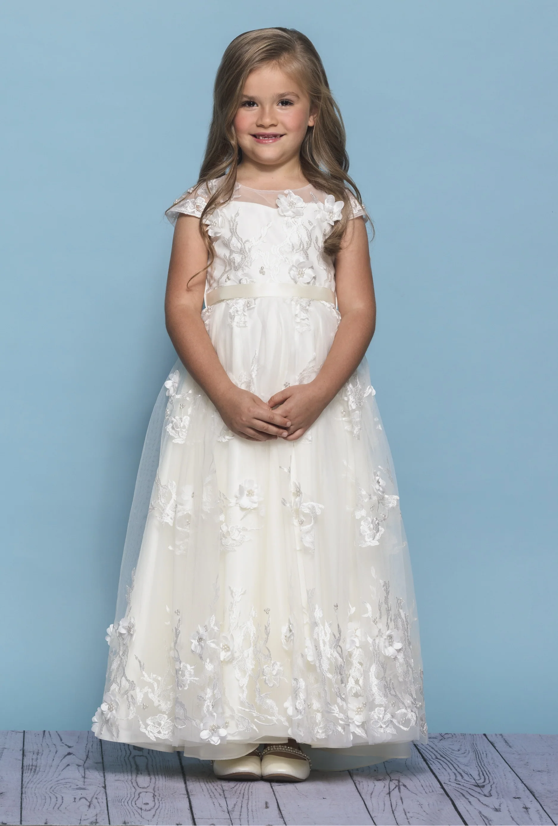Rosebuds 5137 Long Sheer Cap Sleeve Flower Girl Dress Floral Applique