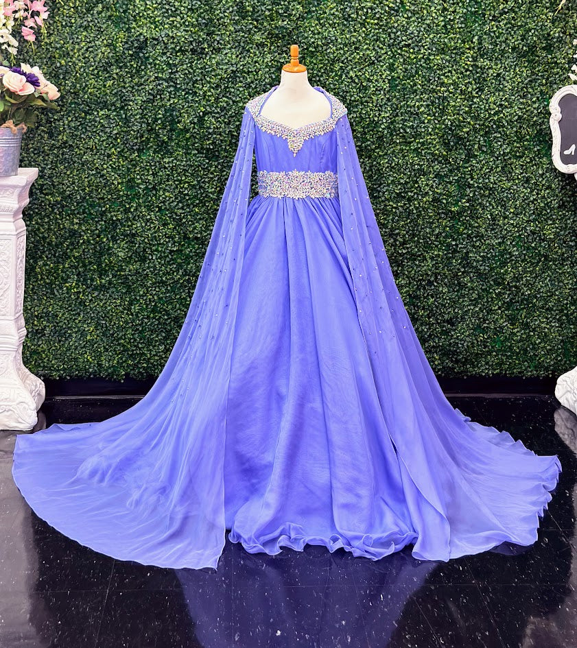 Samantha Blake 1023 Girls Long Cape Sleeve Pageant Dress Crystal Cut Out A Line Chiffon