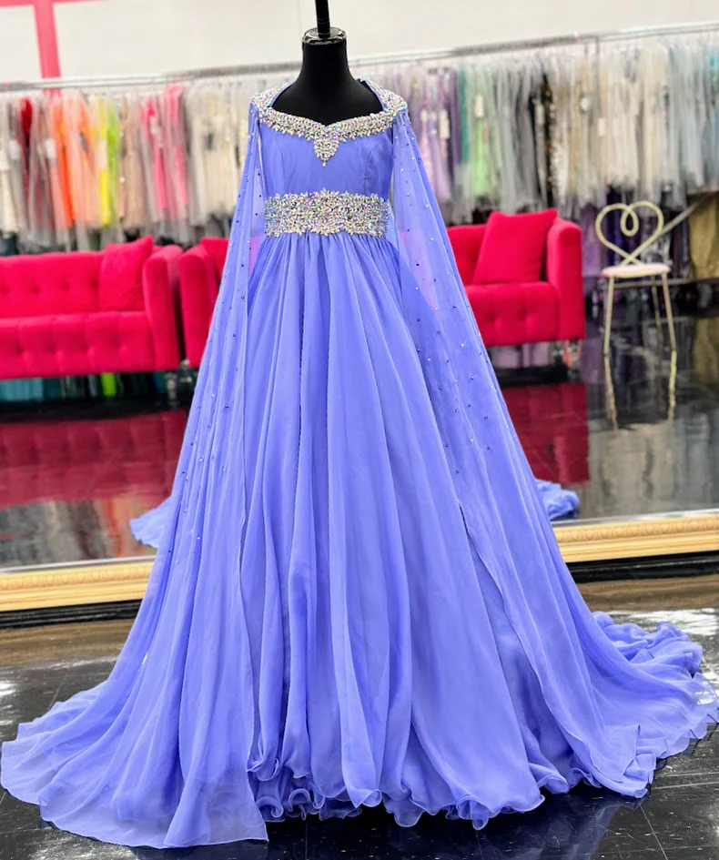 Samantha Blake 1023 Girls Long Cape Sleeve Pageant Dress Crystal Cut Out A Line Chiffon - Image 5