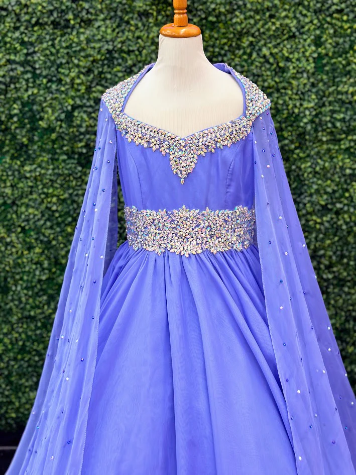 Samantha Blake 1023 Girls Long Cape Sleeve Pageant Dress Crystal Cut Out A Line Chiffon - Image 6