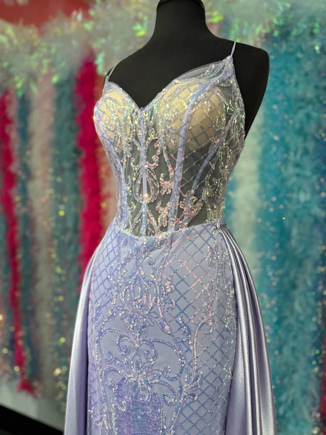 Sparkle Prom 72233 Size 4 Lilac Long Fitted Sequin Sheer Overskirt Prom Dress Pageant Gown Backless Corset - Image 5