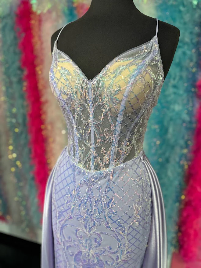Sparkle Prom 72233 Size 4 Lilac Long Fitted Sequin Sheer Overskirt Prom Dress Pageant Gown Backless Corset - Image 7