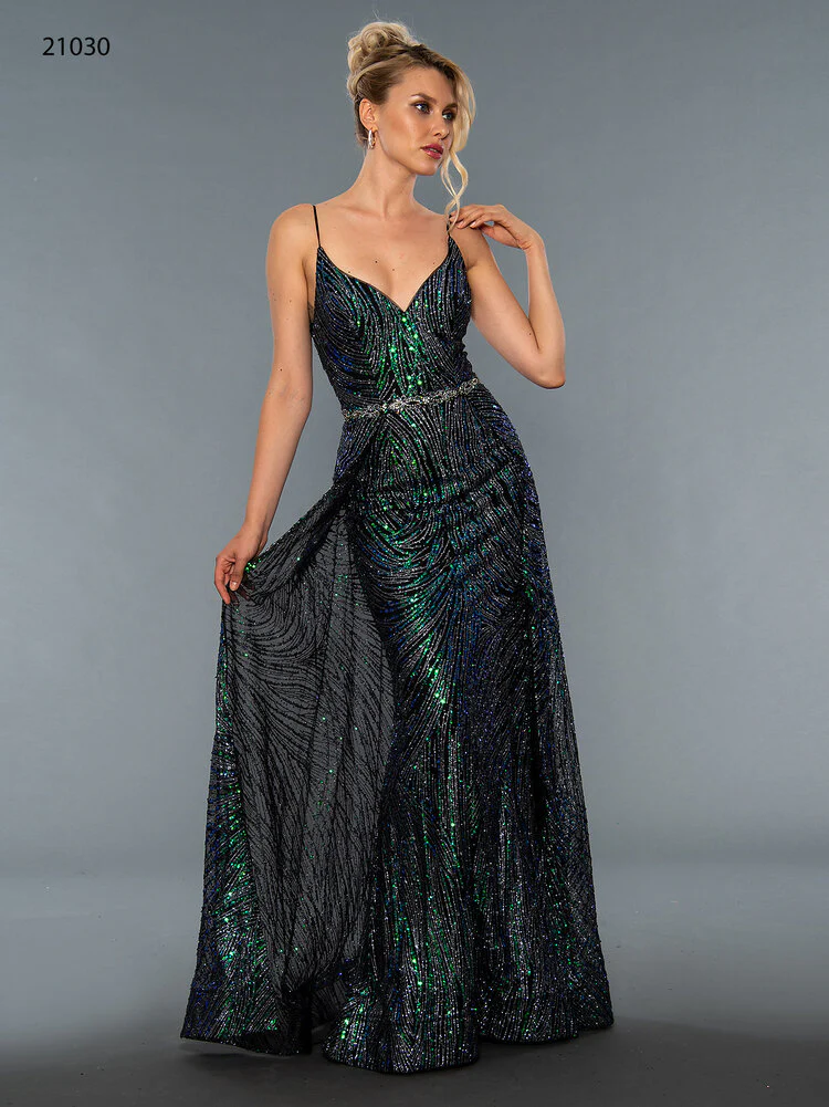 Stella Couture 21030 Size 6, 14 Black Long Multi Fitted Formal Dress Over Skirt V neck Prom Pageant - Image 3