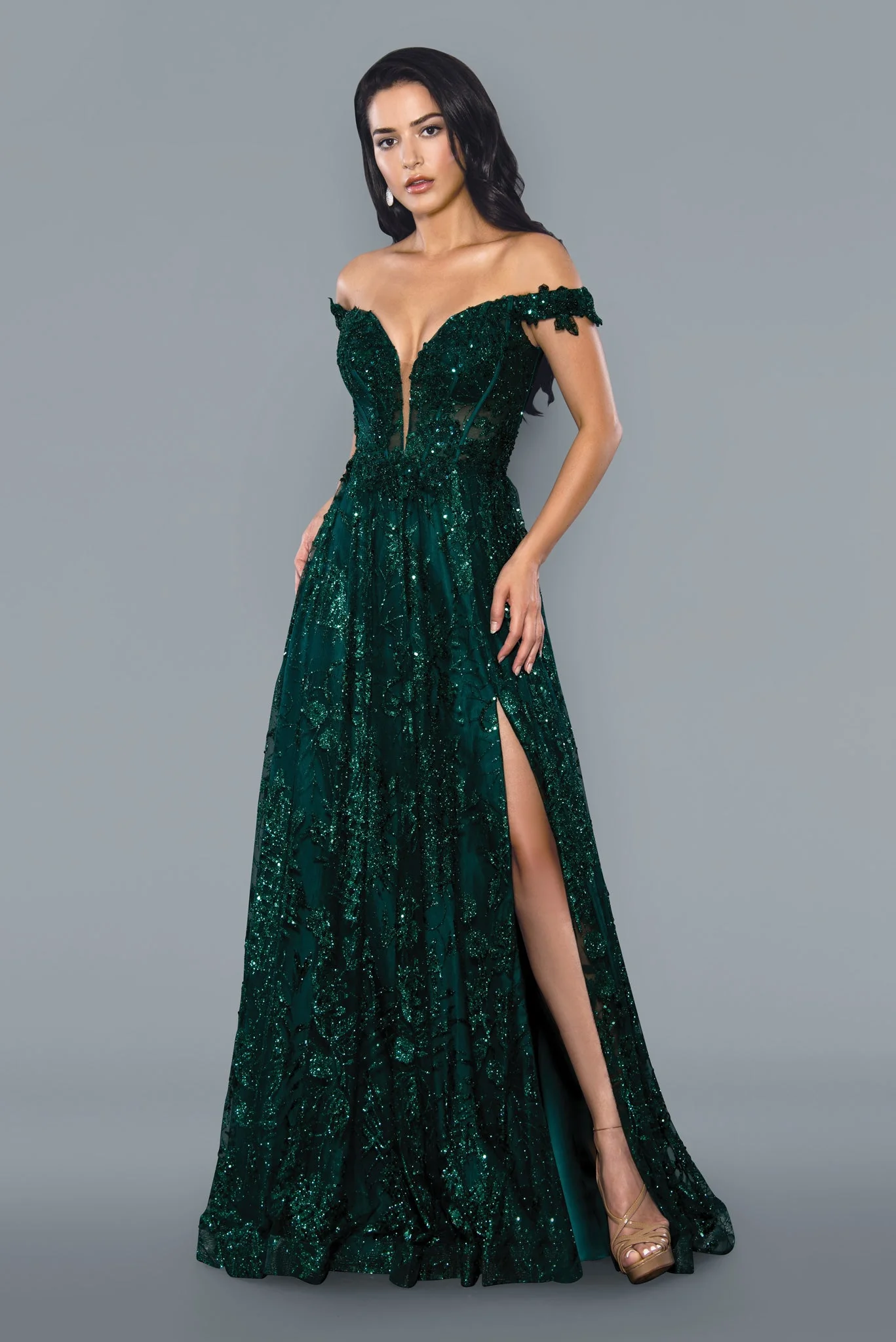 Stella Couture 21064 Size 6 Sage Long off the shoulder slit a line prom dress pageant gown lace - Image 3