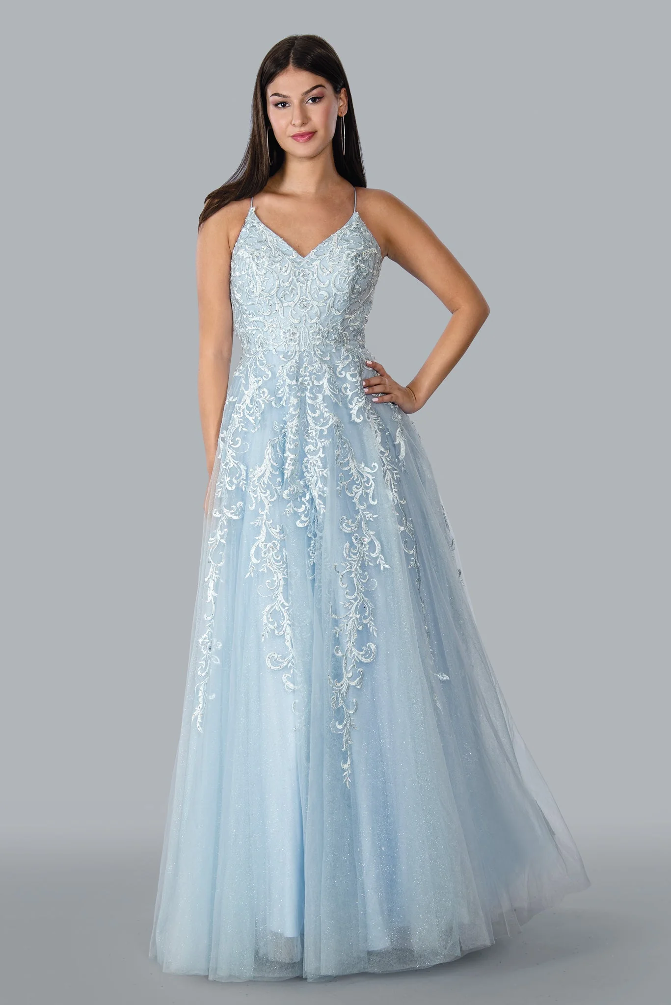 Stella Couture 23178 Size 0 Blue Long Lace A Line Backless Shimmer Ball Gown Prom Dress Corset V Neck