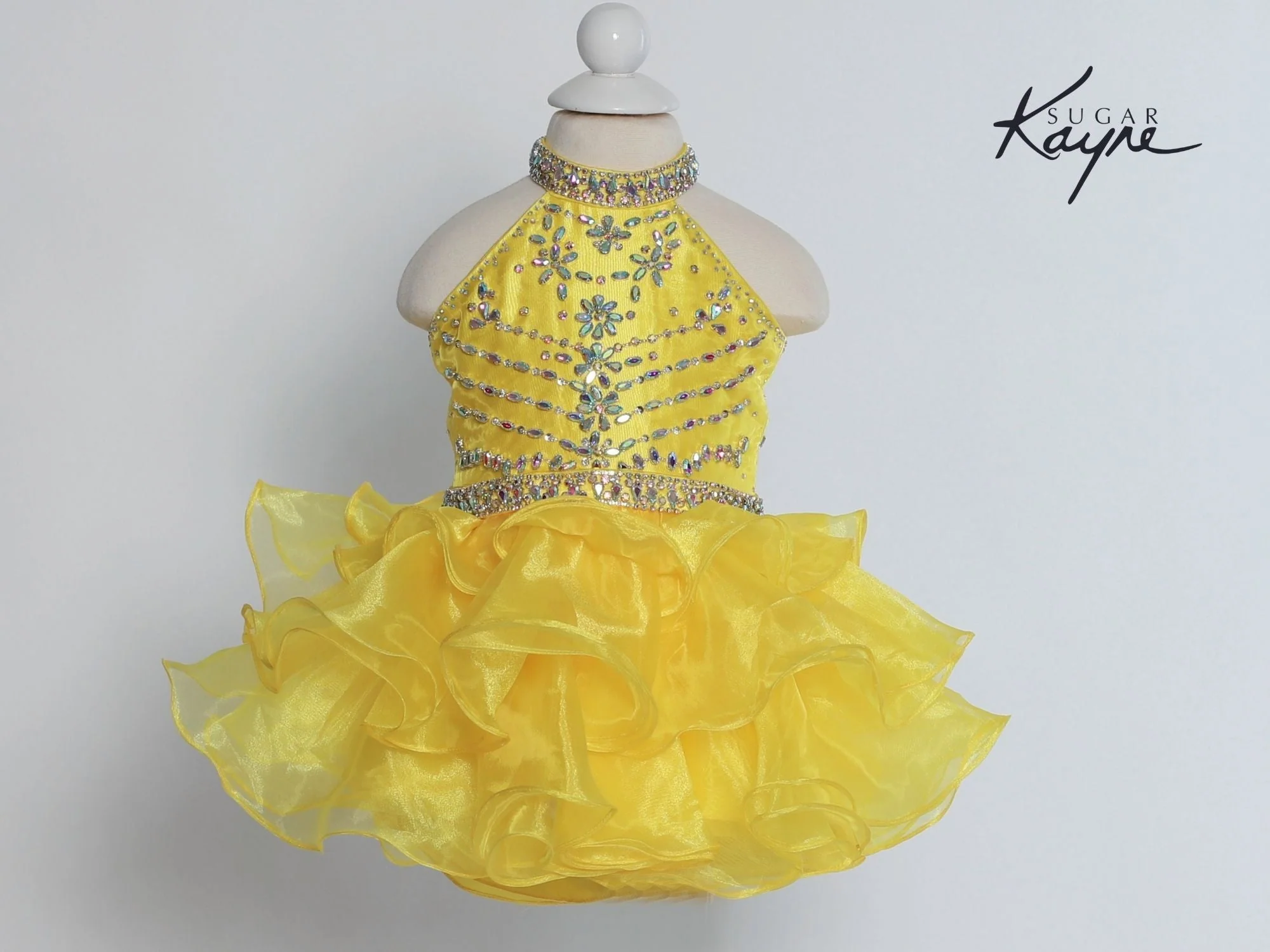 Sugar Kayne C200 Size 18M Yellow Pageant Dress Rhinestone Toddler Girls Short Ruffle Girls High Neck Cupcake Corset - Image 3