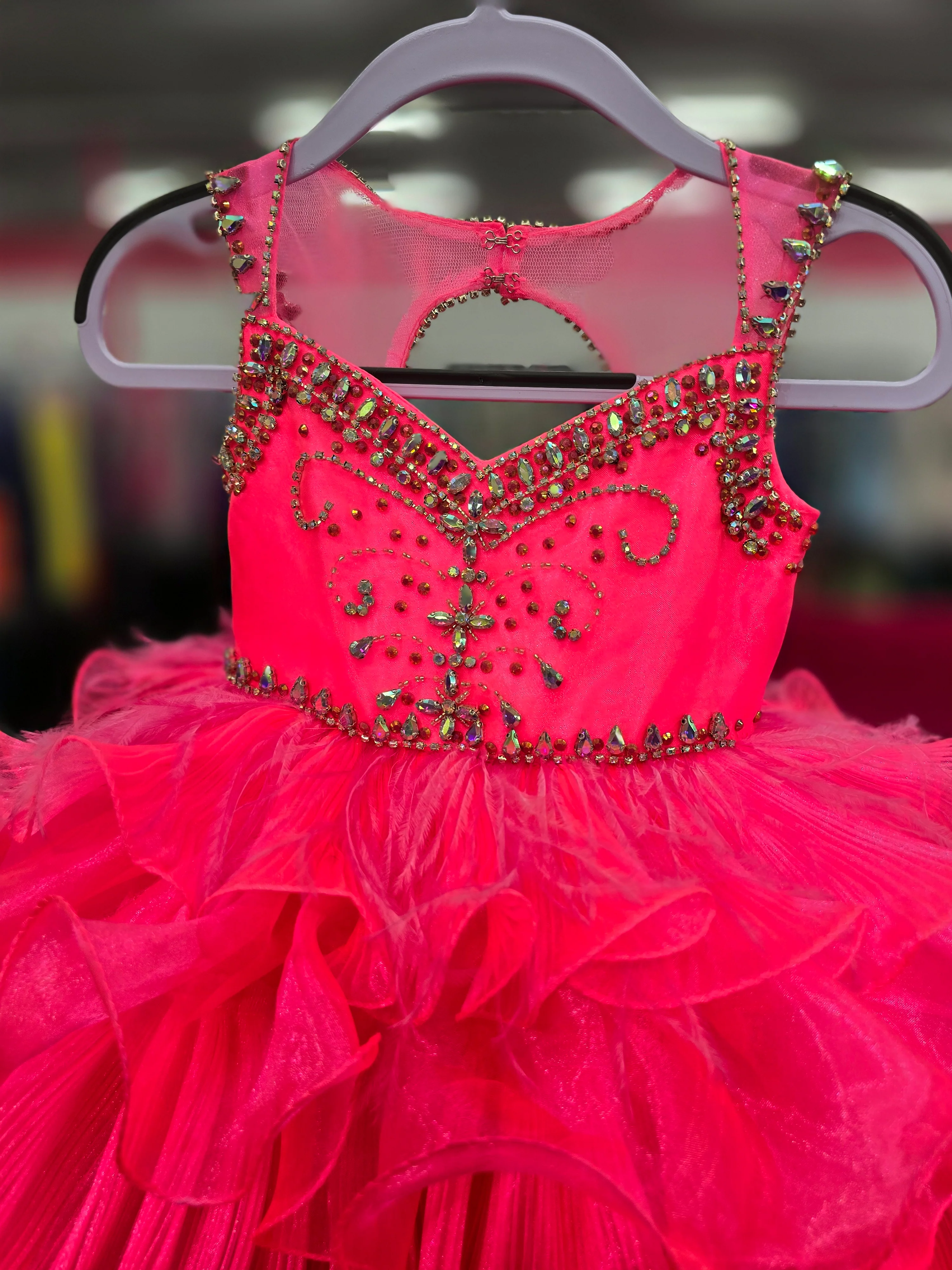 Sugar Kayne C202 Size 2T Neon Pink Girls Pleated Feather Cupcake Pageant Dress Toddle Baby Gown - Image 2
