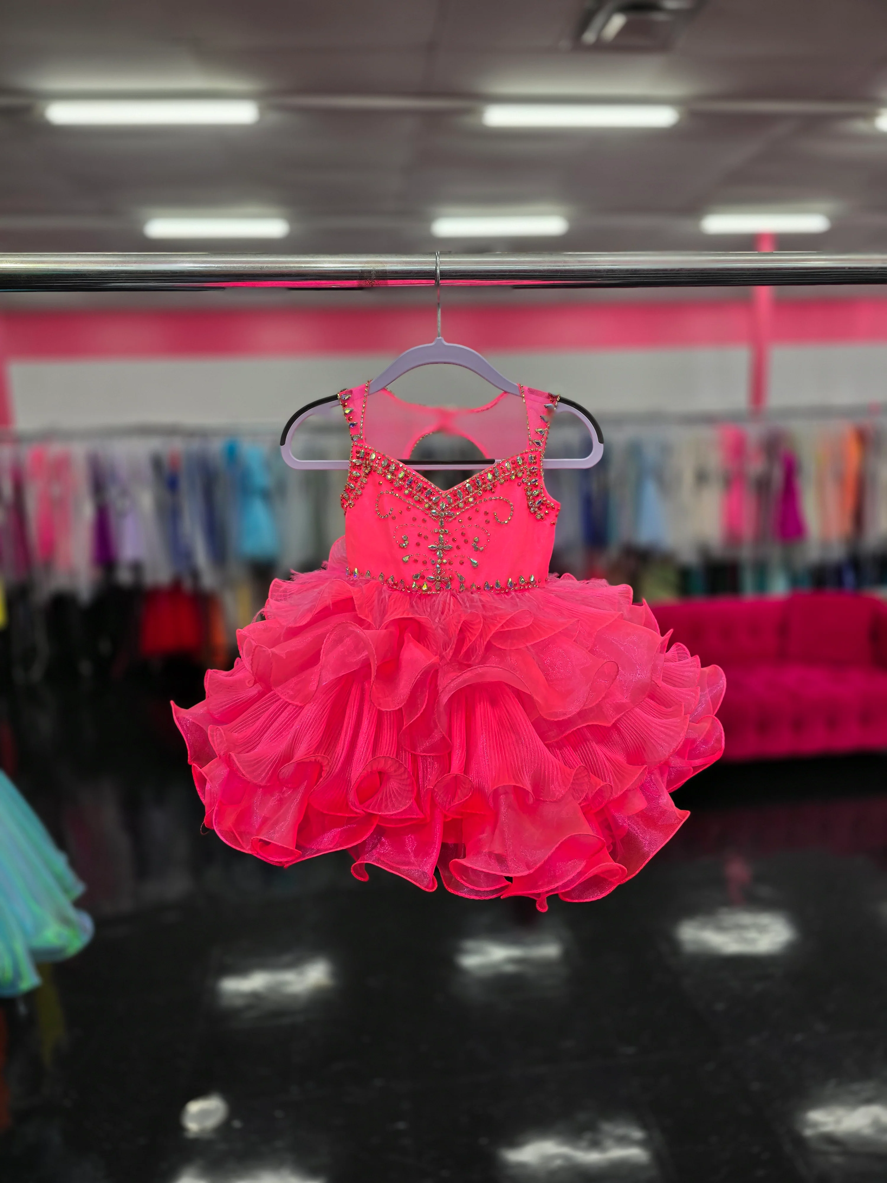 Sugar Kayne C202 Size 2T Neon Pink Girls Pleated Feather Cupcake Pageant Dress Toddle Baby Gown - Image 3