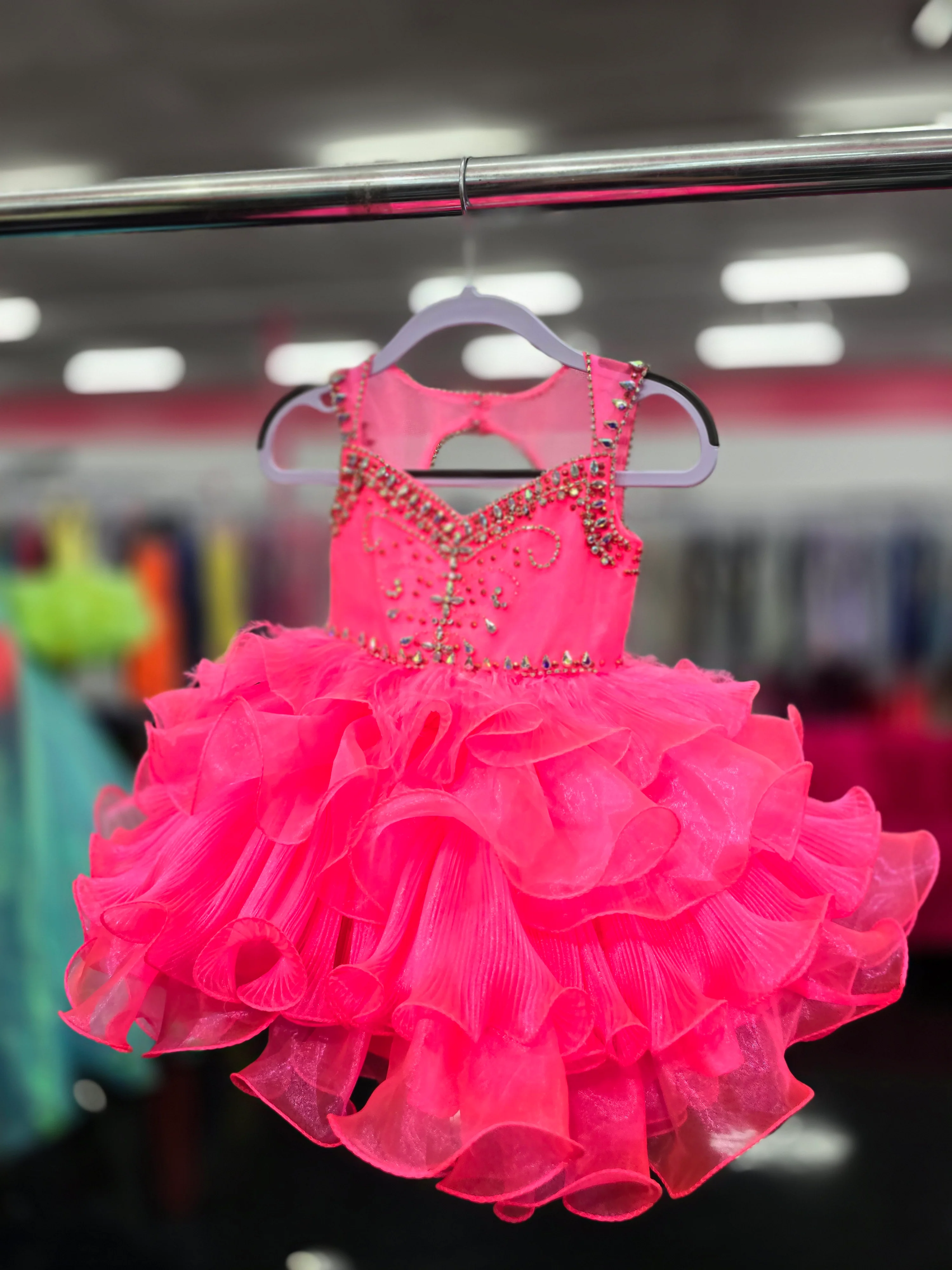 Sugar Kayne C202 Size 2T Neon Pink Girls Pleated Feather Cupcake Pageant Dress Toddle Baby Gown - Image 4