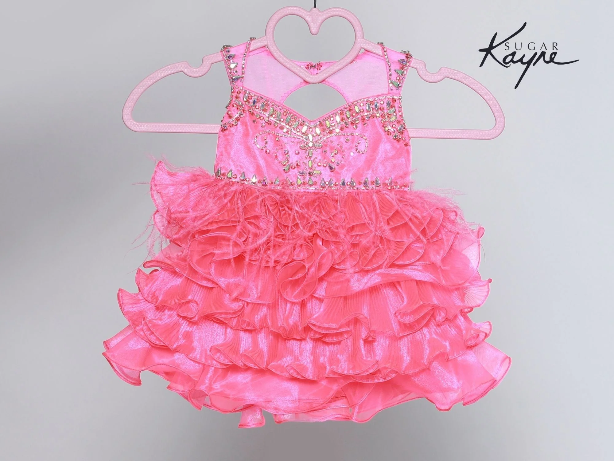 Sugar Kayne C202 Size 2T Neon Pink Girls Pleated Feather Cupcake Pageant Dress Toddle Baby Gown - Image 5