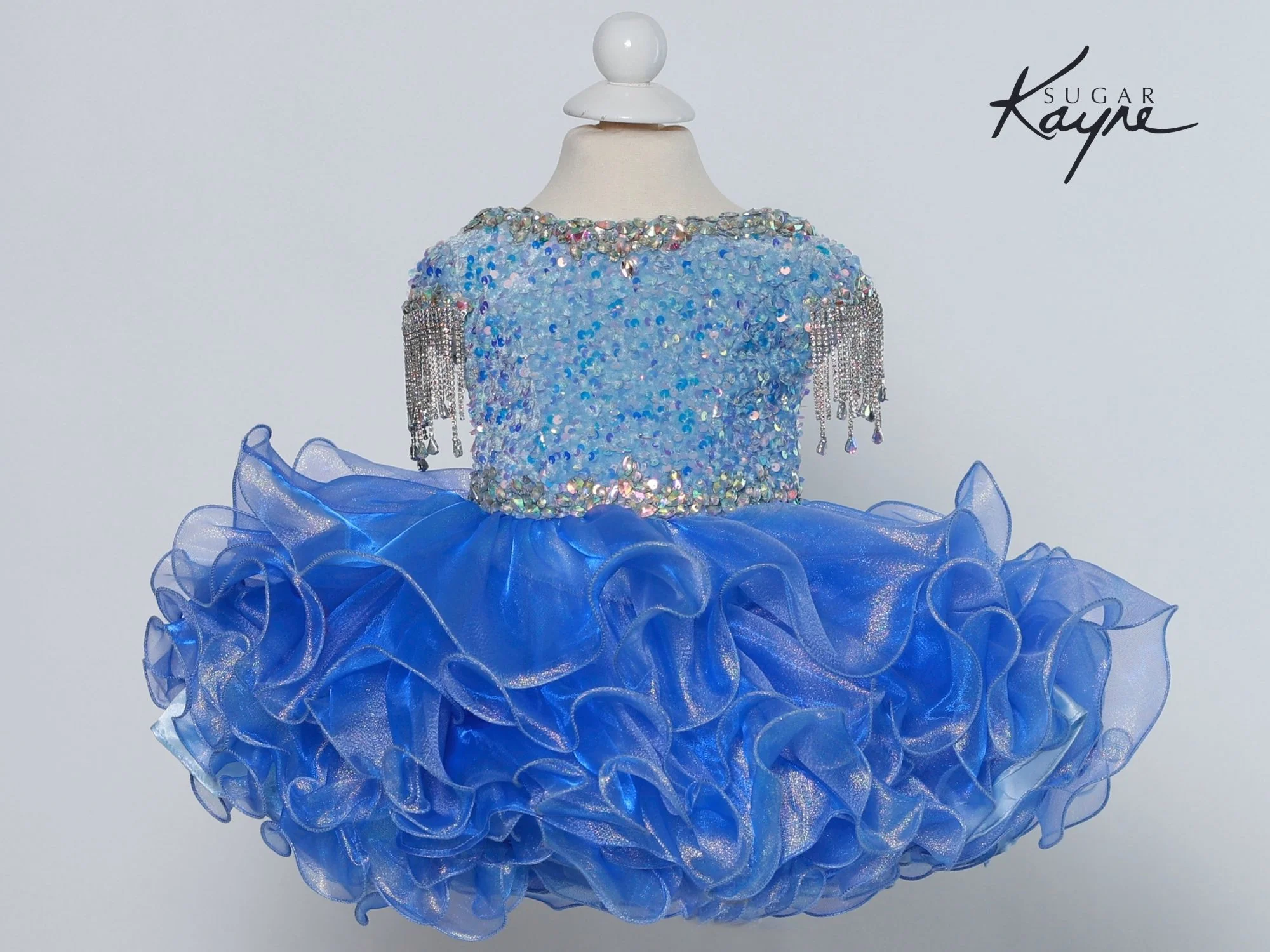 Sugar Kayne C203 Short Girls Cupcake Velvet Sequin Pageant Dress Baby Toddler Crystal Fringe Tassel Cap Sleeve - Image 2