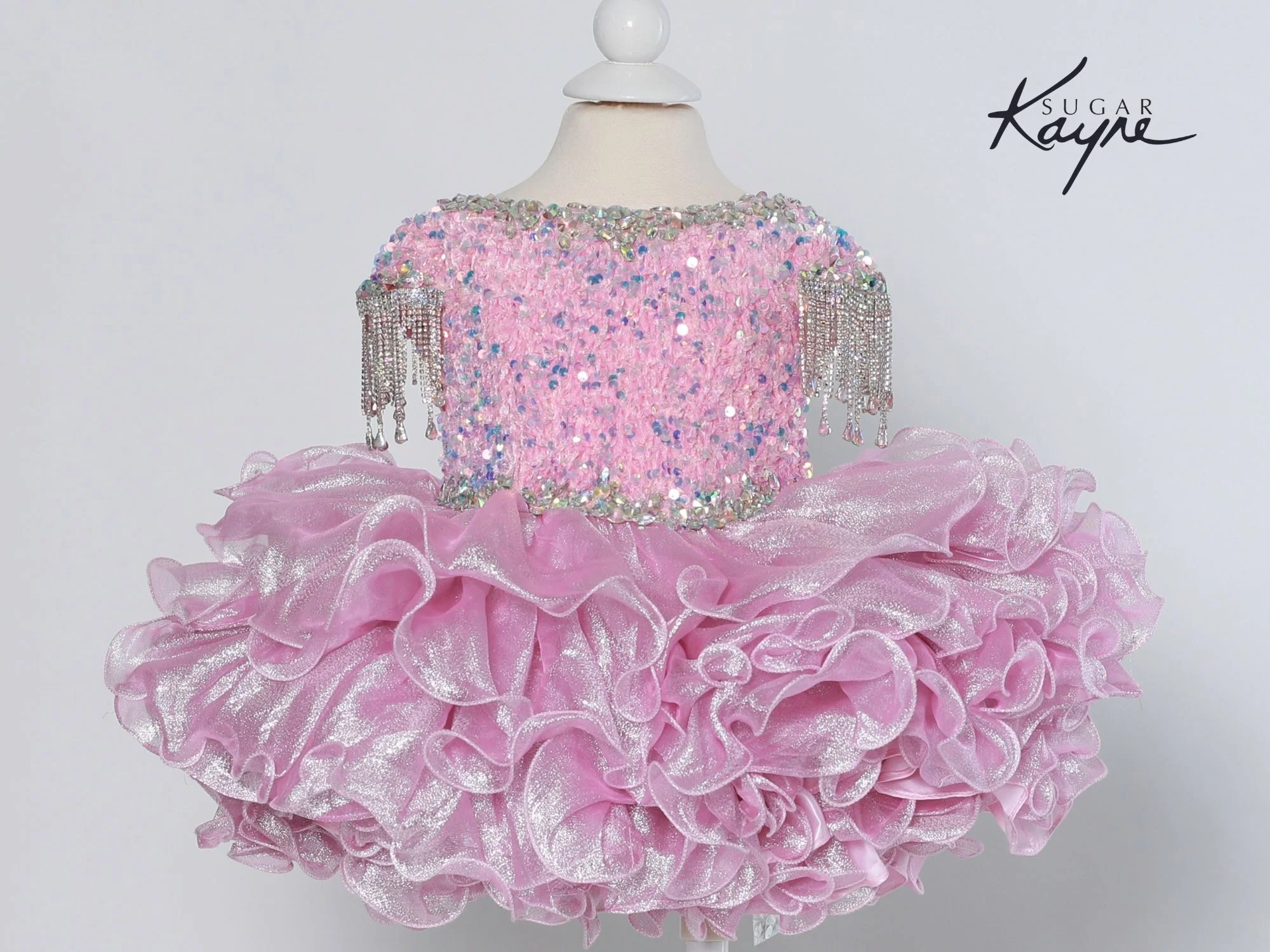 Sugar Kayne C203 Short Girls Cupcake Velvet Sequin Pageant Dress Baby Toddler Crystal Fringe Tassel Cap Sleeve - Image 3