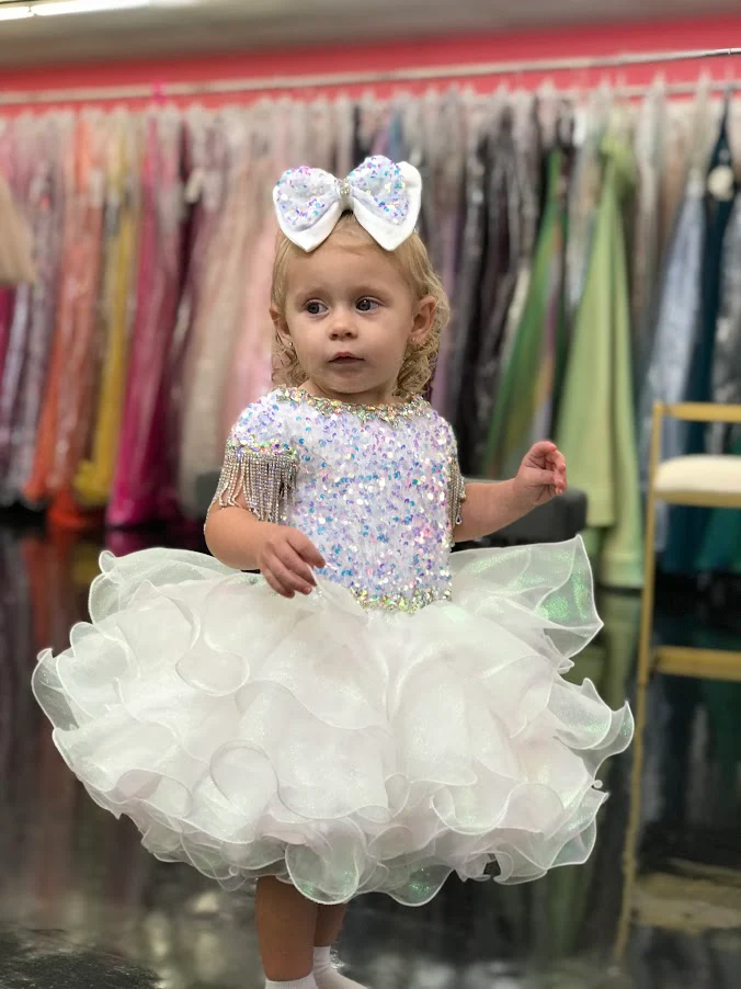 Sugar Kayne C203 Short Girls Cupcake Velvet Sequin Pageant Dress Baby Toddler Crystal Fringe Tassel Cap Sleeve - Image 4