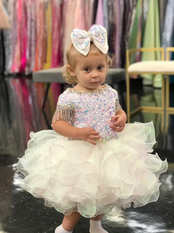 Sugar Kayne C203 Short Girls Cupcake Velvet Sequin Pageant Dress Baby Toddler Crystal Fringe Tassel Cap Sleeve - Image 6