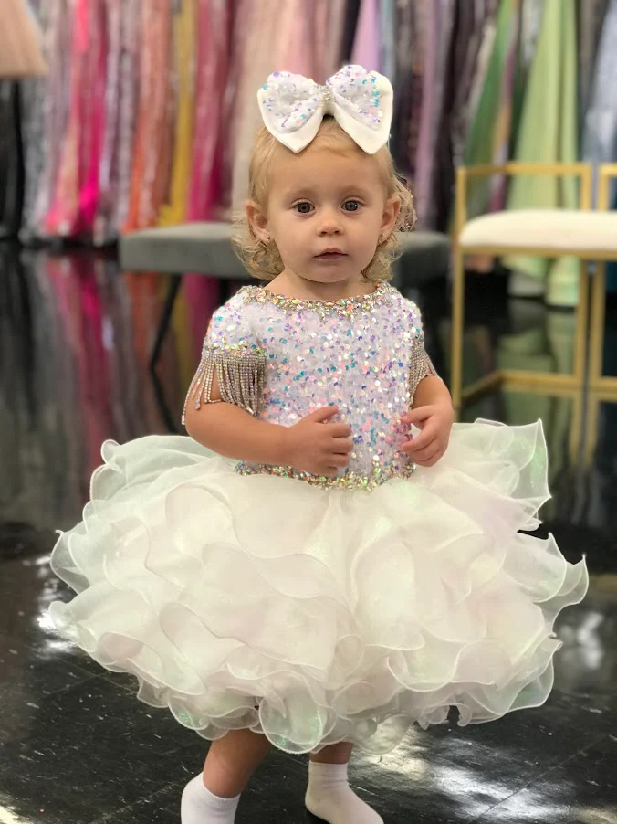 Sugar Kayne C203 Short Girls Cupcake Velvet Sequin Pageant Dress Baby Toddler Crystal Fringe Tassel Cap Sleeve - Image 7