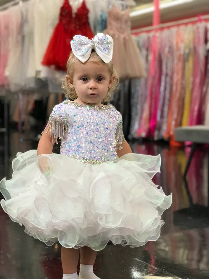 Sugar Kayne C203 Short Girls Cupcake Velvet Sequin Pageant Dress Baby Toddler Crystal Fringe Tassel Cap Sleeve - Image 9