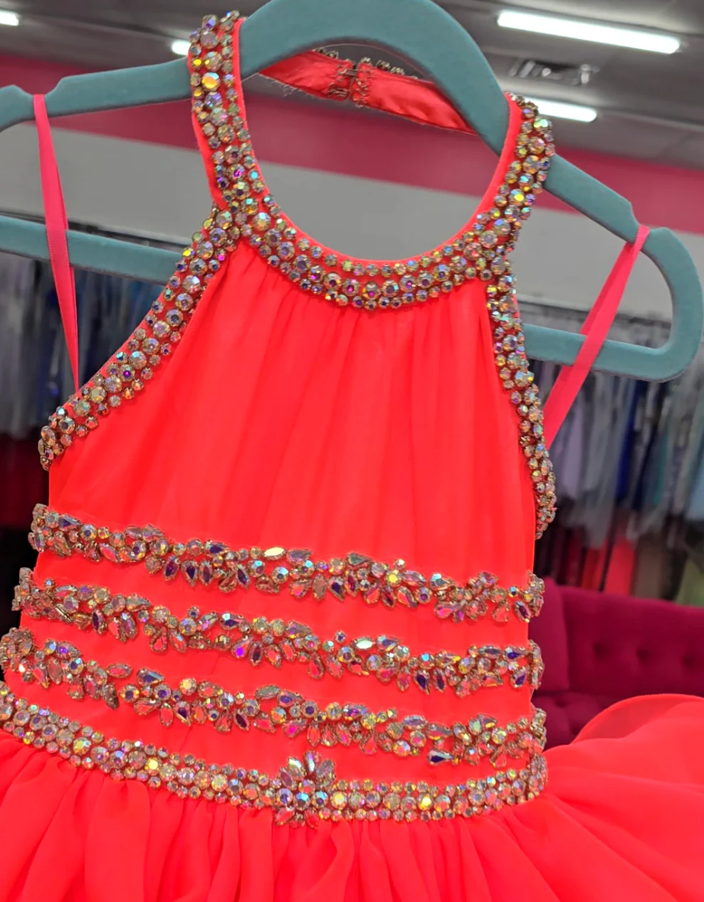 Sugar Kayne C216 Size 2T Hot Coral Short girls Cupcake Ruffle High Neckline Pageant Dress Bow Crystal Embellished - Image 2