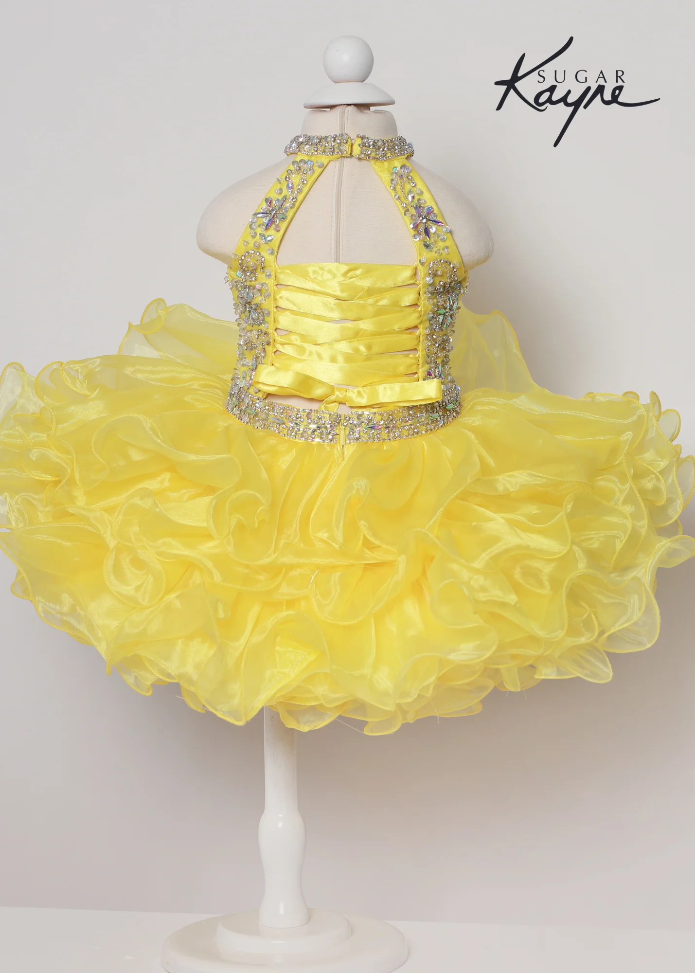 Sugar Kayne C223 Girls Baby Short ruffle Cupcake Pageant Dress Bow Halter Beaded Gown - Image 3