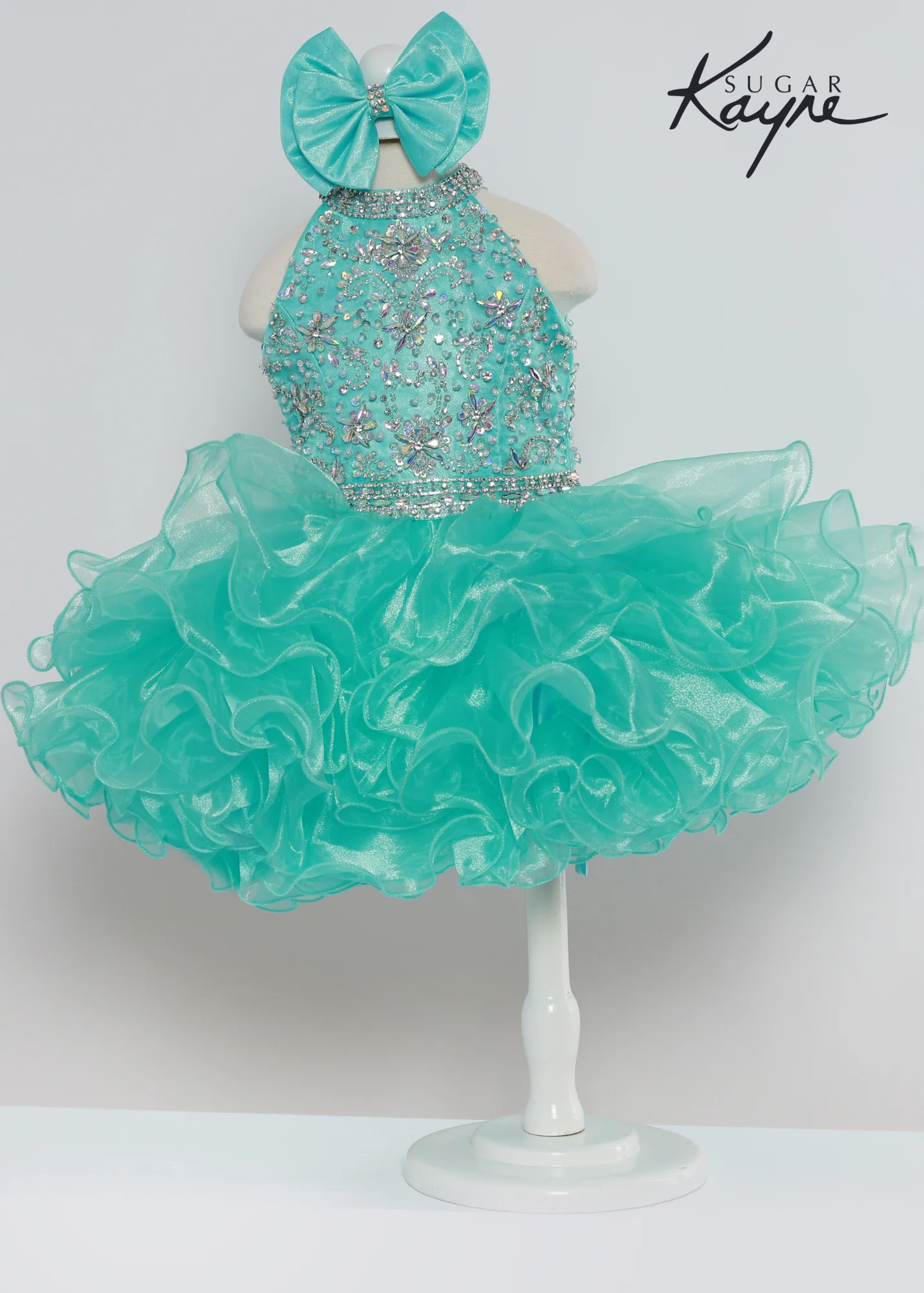Sugar Kayne C223 Girls Baby Short ruffle Cupcake Pageant Dress Bow Halter Beaded Gown - Image 4