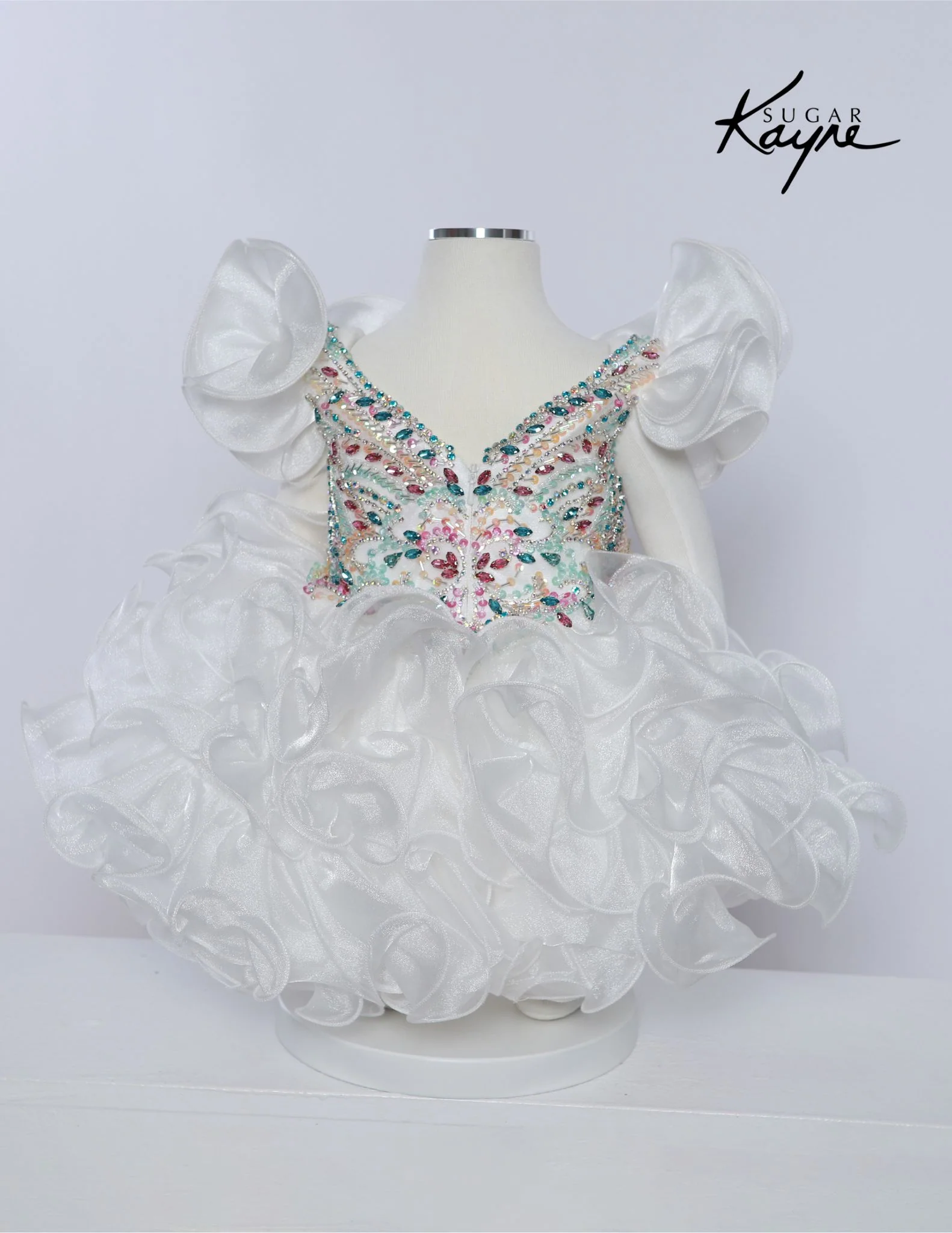 Sugar Kayne C232 Girls Pageant Cupcake Dress Crystal Bodice Ruffle Shoulders - Image 2