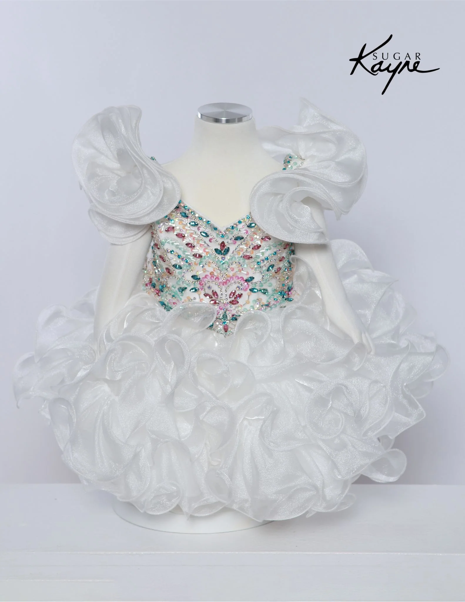 Sugar Kayne C232 Girls Pageant Cupcake Dress Crystal Bodice Ruffle Shoulders - Image 3