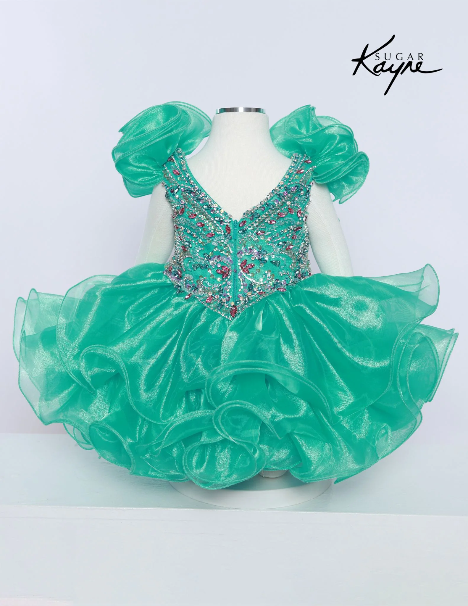 Sugar Kayne C232 Girls Pageant Cupcake Dress Crystal Bodice Ruffle Shoulders - Image 4