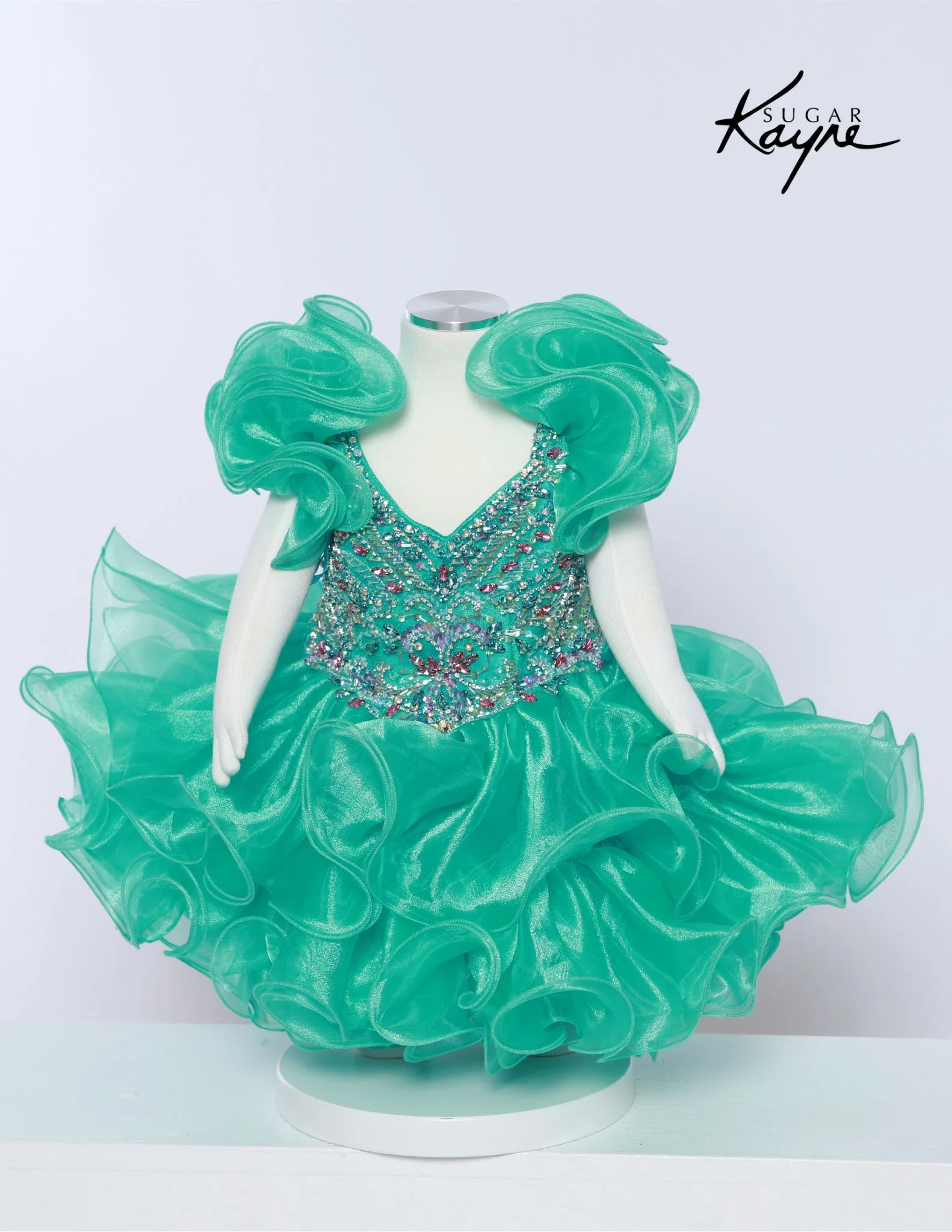 Sugar Kayne C232 Girls Pageant Cupcake Dress Crystal Bodice Ruffle Shoulders - Image 5