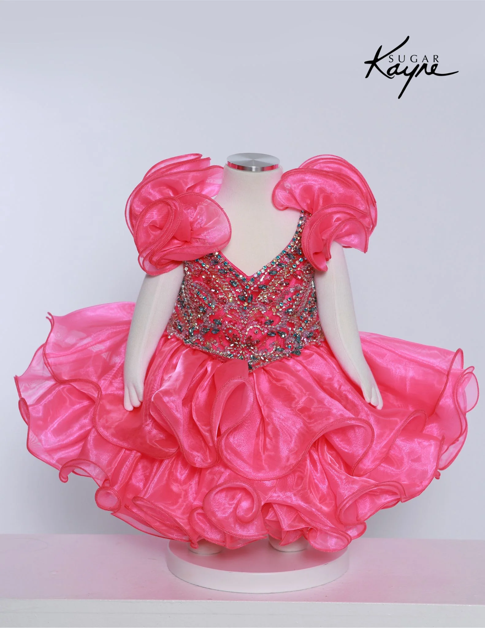 Sugar Kayne C232 Girls Pageant Cupcake Dress Crystal Bodice Ruffle Shoulders - Image 7