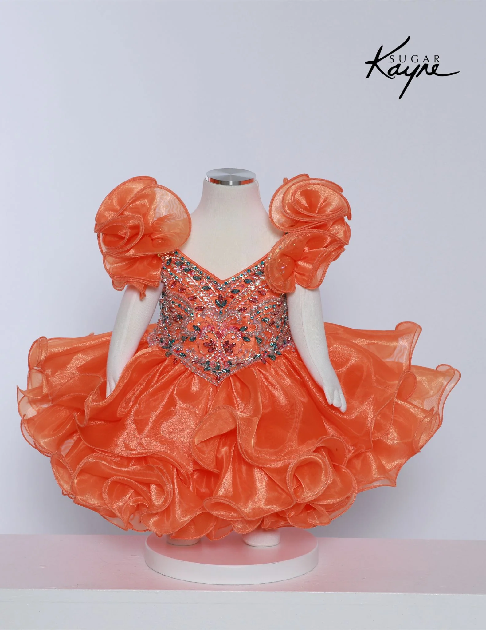 Sugar Kayne C232 Girls Pageant Cupcake Dress Crystal Bodice Ruffle Shoulders - Image 8