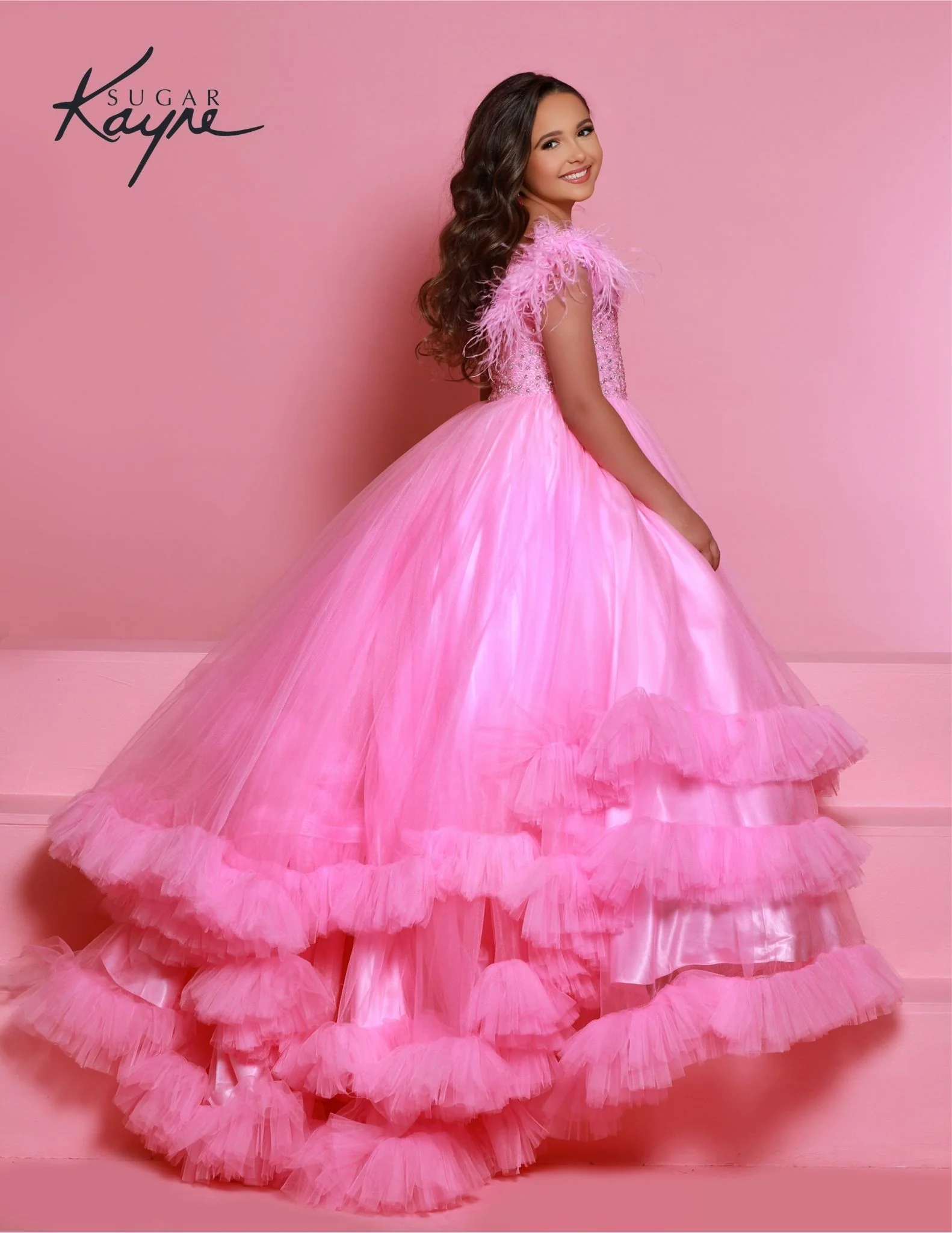 Sugar Kayne C327 Girls Pageant Dress Feather Straps Tiered Ruffle Bottom Crystal Bodice - Image 10