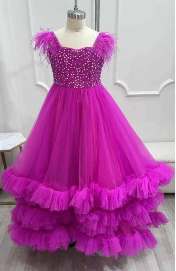 Sugar Kayne C327 Girls Pageant Dress Feather Straps Tiered Ruffle Bottom Crystal Bodice - Image 11